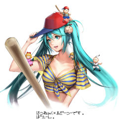 Rule 34 | 2girls, 3boys, :d, adjusting clothes, adjusting headwear, aqua eyes, aqua hair, bad id, bad pixiv id, baseball bat, baseball cap, bow, breasts, chibi, cleavage, cosplay, crossover, doseisan, hair bow, hair ribbon, hat, hatsune miku, jeff andonuts, long hair, medium breasts, midriff, momosuke, mother (game), mother 2, multiple boys, multiple girls, nail polish, ness (mother 2), ness (mother 2) (cosplay), nintendo, open mouth, paula (mother 2), poo (mother 2), ribbon, shirt, simple background, smile, striped clothes, striped shirt, tied shirt, translation request, twintails, vocaloid, white background