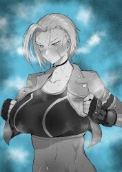 Rule 34 | blue eyes, breasts, cammy white, fingerless gloves, fukamichi ran&#039;ou, gloves, highres, huge breasts, jacket, long sleeves, monochrome, short hair, street fighter, street fighter 6, sweat
