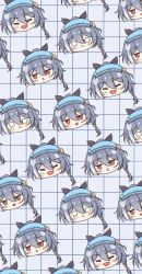 Rule 34 | 6+girls, :d, black hair, blue background, blue headwear, closed eyes, closed mouth, crying, crying with eyes open, fu hua, fu hua (herrscher of sentience), grid background, hair between eyes, highres, honkai (series), honkai impact 3rd, long hair, looking at viewer, multiple girls, multiple persona, open mouth, pouty lips, qian xii, red eyes, simple background, smile, summer uniform, tears