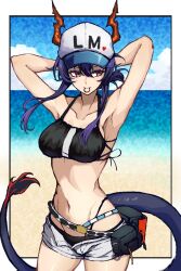 Rule 34 | 1girl, adjusting hair, arknights, arms behind head, bare shoulders, baseball cap, belt, bikini, black bikini, breasts, ch&#039;en (arknights), ch'en (arknights), closed mouth, collarbone, commentary request, dragon girl, dragon horns, dragon tail, female tourist c (arknights), hair between eyes, hat, horns, horns through headwear, medium breasts, multi-strapped bikini, mutumijoruri, navel, purple hair, red eyes, shorts, solo, standing, stomach, swimsuit, tail, white shorts