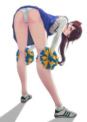 Rule 34 | 1girl, 40hara, ass, blue skirt, bow, breasts, brown hair, cheerleader, from behind, gesugao, highres, long hair, looking at viewer, medium breasts, open mouth, original, panties, pleated skirt, pom pom (cheerleading), ponytail, red bow, shirt, shoes, sidelocks, simple background, skirt, sneakers, socks, solo, thighs, underwear, white background, white socks