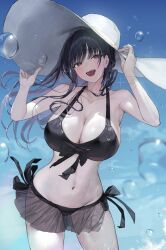 Rule 34 | 1girl, absurdres, bare arms, bare shoulders, bikini, black bikini, black hair, blue sky, blush, boku no kokoro no yabai yatsu, bracelet, breasts, brown eyes, bubble, cleavage, commentary request, contrapposto, cowboy shot, day, diffraction spikes, floating hair, halterneck, hands on headwear, hat, highres, jewelry, large breasts, long hair, looking at viewer, navel, open mouth, outdoors, see-through, side-tie bikini bottom, sky, smile, solo, standing, stomach, sun hat, swimsuit, teeth, upper teeth only, water, wet, white hat, yamada anna, yjs0803123
