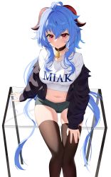 Rule 34 | 1girl, absurdres, ahoge, alternate costume, bell, black choker, black thighhighs, blue hair, bluerabbit gap, choker, cowbell, crop top, feet out of frame, ganyu (genshin impact), genshin impact, glass table, goat horns, hand on own thigh, highres, horns, jacket, long hair, long sleeves, navel, neck bell, off shoulder, open clothes, open jacket, parted lips, purple eyes, shirt, short shorts, shorts, sidelocks, simple background, sitting, sitting on table, solo, table, thighhighs, thighs, very long hair, white background, white shirt