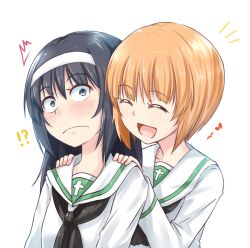 Rule 34 | !?, 2girls, :d, ^^^, black hair, black neckerchief, blonde hair, blouse, blunt bangs, blush, brown eyes, closed mouth, commentary, constricted pupils, eighth note, frown, girls und panzer, hairband, hands on shoulders, kitayama miuki, long hair, long sleeves, multiple girls, musical note, neckerchief, nishizumi miho, notice lines, ooarai school uniform, open mouth, reizei mako, school uniform, serafuku, shirt, short hair, simple background, smile, spoken musical note, white background, white shirt