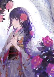 Rule 34 | 1girl, blue eyes, blunt bangs, braid, breasts, closed mouth, commentary request, cowboy shot, dragon, floral print, flower, hair flower, hair ornament, hair over shoulder, hands on own chest, japanese clothes, kimono, leaf, long hair, looking to the side, original, pale skin, petals, pink flower, purple hair, small breasts, smile, solo, standing, striped, vertical stripes, white background, yukisame