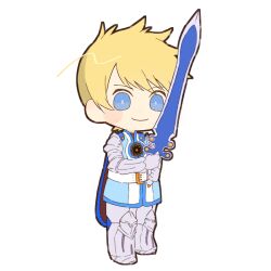 Rule 34 | 1boy, armor, blonde hair, blue eyes, blue trim, cape, closed mouth, commentary, flynn scifo, full body, gauntlets, greaves, holding, holding sword, holding weapon, male focus, red cape, short hair, simple background, smile, solo, sugara 10, sword, symbol-only commentary, tales of (series), tales of vesperia, weapon, white background