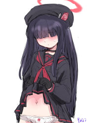 Rule 34 | 1girl, beret, black choker, black hat, black serafuku, black shirt, black skirt, blue archive, blunt bangs, blush, breasts, choker, clothes lift, dress, dress lift, fuji (pixiv24804665), hair over eyes, halo, hat, highres, justice task force member (blue archive), lifted by self, long bangs, long hair, looking at viewer, neckerchief, panties, red halo, red neckerchief, school uniform, serafuku, shirt, skirt, skirt lift, small breasts, solo, underwear, white background, white panties