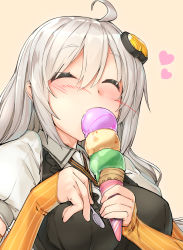 Rule 34 | 1girl, ^ ^, ahoge, alternate hairstyle, black dress, blush, breasts, closed eyes, collared shirt, commentary request, detached sleeves, dress, eating, facing viewer, food, from below, grey shirt, hair between eyes, hair ornament, heart, highres, holding, holding food, ice cream, ice cream cone, kanzen bouon, kizuna akari, long hair, medium breasts, orange background, orange sleeves, pinafore dress, puffy short sleeves, puffy sleeves, shirt, short sleeves, sidelocks, simple background, sleeveless dress, sleeves past wrists, solo, striped, upper body, vertical stripes, vocaloid, voiceroid, wrapper