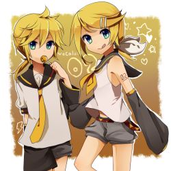 Rule 34 | 1boy, 1girl, :q, alternate hairstyle, aqua eyes, bad id, bad pixiv id, blonde hair, brother and sister, candy, food, gradient eyes, green eyes, hair ornament, hairclip, kagamine len, kagamine rin, lollipop, looking at viewer, multicolored eyes, ponytail, short hair, shorts, siblings, tongue, tongue out, twins, vocaloid, yuyupo