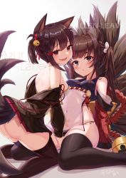 Rule 34 | 2girls, absurdres, akagi-chan (azur lane), amagi-chan (azur lane), animal ears, artist name, azur lane, bare shoulders, black kimono, black thighhighs, blush, breasts, brown hair, commentary request, copyright name, fallen-leaves, fox ears, fox girl, fox tail, grey eyes, highres, japanese clothes, kimono, kitsune, kneeling, kyuubi, leg between thighs, long hair, long sleeves, looking at another, looking at viewer, manjuu (azur lane), medium breasts, medium hair, multiple girls, multiple tails, navel, open mouth, panties, red eyes, red skirt, rope, see-through, shimenawa, short eyebrows, side-tie panties, sidelocks, sitting, skirt, smile, stomach, tail, thighhighs, triangle mouth, twintails, twitter username, underwear, watermark, white legwear, yuri