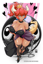 Rule 34 | 1girl, alternate breast size, annoyed, arm behind back, armlet, bare shoulders, bayeuxman, black footwear, black leotard, black nails, black thighhighs, blue eyes, bowsette, breasts, chain chomp, cleavage, closed mouth, collar, collarbone, covered erect nipples, dark-skinned female, dark skin, earrings, fang, fingernails, from above, full body, half-closed eyes, hand on own hip, heart, high heels, highres, horns, jewelry, large breasts, leotard, long hair, looking at viewer, mario (series), monster girl, nail polish, new super mario bros. u deluxe, nintendo, pink background, pointy ears, ponytail, red hair, sharp fingernails, shiny skin, solo, spiked armlet, spiked collar, spiked shell, spiked tail, spikes, standing, super crown, tail, thighhighs, torn clothes, torn thighhighs, white background