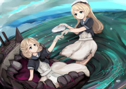 Rule 34 | 1other, 2girls, artist name, black neckwear, black shirt, blonde hair, blue eyes, blue sailor collar, commentary, dated, dress, english commentary, english text, gloves, holding hands, hat, unworn hat, unworn headwear, highres, holding, holding clothes, holding hat, janus (kancolle), jervis (kancolle), kantai collection, long hair, multiple girls, pandaduo, sailor collar, sailor dress, sailor hat, shirt, short hair, short sleeves, water, white dress, white gloves, white headwear