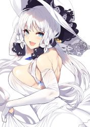 Rule 34 | 1girl, azur lane, blue eyes, blush, breasts, cleavage, commentary request, dress, elbow gloves, gloves, hair ornament, hair ribbon, hat, highres, illustrious (azur lane), large breasts, long hair, looking at viewer, mole, mole under eye, ribbon, smile, solo, white dress, white gloves, white hair, yappen