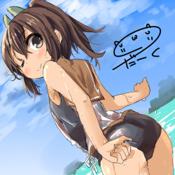 Rule 34 | 10s, 1girl, blue one-piece swimsuit, blush, brown eyes, brown hair, darkside, i-401 (kancolle), kantai collection, long hair, looking at viewer, one-piece swimsuit, one eye closed, ponytail, smile, solo, swimsuit, wet