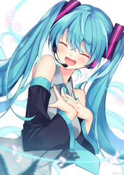 Rule 34 | 1girl, :d, ^ ^, bare shoulders, beamed eighth notes, black sleeves, blue hair, blue nails, blue necktie, blush, closed eyes, collared shirt, commentary, detached sleeves, dutch angle, eighth note, facing viewer, fingernails, grey shirt, hands on own chest, hatsune miku, hazuki natsu, headset, highres, long hair, long sleeves, musical note, nail polish, necktie, open mouth, shirt, smile, solo, treble clef, twintails, upper body, very long hair, vocaloid