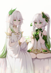 Rule 34 | 2girls, :o, absurdres, bare shoulders, bed sheet, bracelet, braid, chinese commentary, commentary request, detached sleeves, dress, gem, genshin impact, gold choker, gold trim, gradient hair, green eyes, green gemstone, green hair, green sleeves, hair ornament, hands up, highres, holding, holding string, jewelry, kneeling, knees together feet apart, leaf hair ornament, light smile, long hair, multicolored hair, multiple girls, mxirony, nahida (genshin impact), open mouth, pointy ears, rukkhadevata (genshin impact), sitting, sleeveless, sleeveless dress, star-shaped pupils, star (symbol), strapless, strapless dress, string, symbol-shaped pupils, very long hair, white background, white dress, white hair, white sleeves