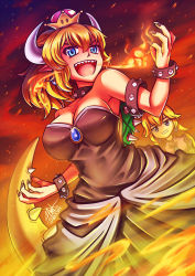 Rule 34 | 2girls, armlet, bare arms, bare shoulders, black collar, black dress, black nails, blonde hair, blue eyes, blue gemstone, bowsette, bracelet, breasts, breath weapon, breathing fire, cleavage, collar, collarbone, crazy laugh, crown, dress, dual persona, earrings, embers, evil eyes, evil smile, eyelashes, fingernails, fire, gem, hair between eyes, hands up, high ponytail, highres, horns, jewelry, jitome, large breasts, long fingernails, long hair, looking at another, looking at viewer, mario (series), multiple girls, nail polish, new super mario bros. u deluxe, nintendo, open mouth, pink dress, pointy ears, princess, princess peach, red theme, senpaihawkkun, sharp fingernails, sharp teeth, signature, smile, spiked armlet, spiked bracelet, spiked collar, spiked shell, spiked tail, spikes, strapless, strapless dress, super crown, tail, teeth, thick eyebrows, turtle shell, v-shaped eyebrows, w arms