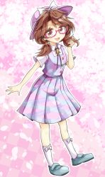 Rule 34 | 1girl, :d, alternate color, alternate hat color, arm up, blue footwear, brown eyes, brown hair, checkered background, cherry blossoms, commentary request, contrapposto, hat, hat ribbon, highres, holding, holding own hair, keyaki chimaki, kneehighs, looking at viewer, low twintails, open mouth, outline, petals, pink-framed eyewear, pink background, pink hat, plaid, plaid skirt, plaid vest, quimbaya airplane, ribbon, semi-rimless eyewear, shirt, short hair, short sleeves, skirt, skirt set, smile, socks, solo, swept bangs, touhou, twintails, under-rim eyewear, usami sumireko, vest, white shirt, white socks