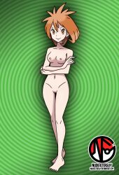 Rule 34 | 1girl, absurdres, ahoge, armpits, artist name, barefoot, breasts, brigette (pokemon), cleft of venus, collarbone, completely nude, creatures (company), crossed arms, feet, female focus, fingernails, full body, game freak, green background, groin, hair between eyes, happy, highres, legs, looking at viewer, matching hair/eyes, medium breasts, medium hair, navel, neck, nilterguy, nintendo, nipples, nude, nude filter, official art nude filter, orange eyes, orange hair, pokemon, pokemon bank, pussy, sidelocks, smile, standing, thigh gap, thighs, third-party edit, toenails, toes, unworn clothes