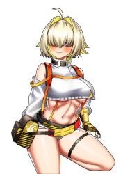 Rule 34 | 1girl, bare shoulders, blonde hair, breasts, clothing cutout, crop top, ducky (sgtducky96), elegg (nikke), gloves, goddess of victory: nikke, hair over eyes, highres, large breasts, multicolored hair, short hair, solo, sweater, two-tone hair, white sweater
