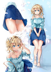 Rule 34 | 1girl, :d, ahoge, bag, bare shoulders, blonde hair, blue eyes, blue shirt, blue skirt, bow, breasts, cleavage, collarbone, commentary request, dated, dema hmw, flower, frilled shirt, frills, hair bow, hair flower, hair intakes, hair ornament, highres, long hair, looking at viewer, medium breasts, multiple views, off-shoulder shirt, off shoulder, open mouth, original, own hands together, ribbed shirt, shirt, short sleeves, shoulder bag, signature, skirt, smile, twintails, white bow