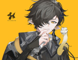 Rule 34 | 1boy, arknights, balloon animal, black hair, black jacket, character name, closed mouth, corroserum (arknights), ear piercing, eyebrow piercing, hair ornament, hair over one eye, jacket, long hair, long sleeves, looking at viewer, male focus, orange background, piercing, pointy ears, simple background, snake, snake boy, solo, tongue, ueauwa, upper body, white snake, yellow background, yellow eyes, yellow theme