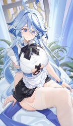 Rule 34 | 1girl, ahoge, alternate breast size, alternate costume, apron, arm strap, black skirt, blue eyes, blue hair, blush, breasts, catsmoon, closed mouth, commentary request, enmaided, furina (genshin impact), genshin impact, hair between eyes, highres, large breasts, long hair, maid, signature, sitting, skirt, solo, thighhighs, thighs, white apron, white thighhighs