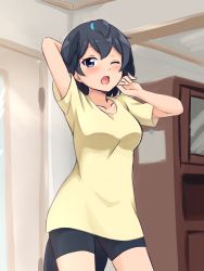 Rule 34 | 1girl, ;o, absurdres, alternate costume, arm behind head, bare arms, bike shorts, black eyes, black hair, blush, breasts, casual, collarbone, commentary, cowboy shot, head wings, highres, indoors, kemono friends, looking at viewer, medium breasts, one eye closed, shiraha maru, shirt, short hair, short sleeves, solo, superb bird-of-paradise (kemono friends), tail, tears, wings, yawning, yellow shirt