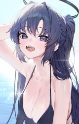 Rule 34 | 1girl, absurdres, alternate costume, arm behind head, arm up, bare shoulders, bikini, black bikini, black halo, blue archive, blue eyes, blue hair, blush, breasts, cleavage, collarbone, gnns, hair intakes, half updo, halo, hashtag-only commentary, highres, large breasts, long hair, looking at viewer, ocean, outdoors, ponytail, purple eyes, purple hair, smile, solo, sparkle, swimsuit, upper body, very long hair, wet, yuuka (blue archive)