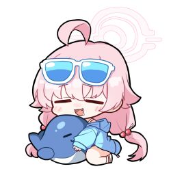 Rule 34 | 1girl, bare legs, blue archive, chibi, eyewear on head, halo, hoshino (blue archive), hoshino (swimsuit) (blue archive), looking at viewer, official alternate costume, pink hair, simple background, solo, sunglasses, thighs, white background, yanggaengwang