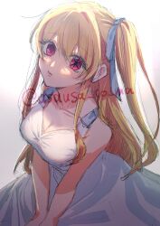 Rule 34 | 1girl, absurdres, bare shoulders, blue ribbon, blush, breasts, cleavage, collarbone, commentary, cowboy shot, dress, gradient background, grey background, hair between eyes, hair ribbon, highres, hoshino ruby, large breasts, long hair, looking at viewer, mismatched pupils, one side up, oshi no ko, parted lips, pink eyes, ribbon, shadow, sidelocks, sleeveless, sleeveless dress, solo, sorata (usausa), star-shaped pupils, star (symbol), sundress, symbol-shaped pupils, textless version, twitter username, variant set, white background, white dress