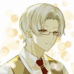 Rule 34 | 1boy, brown vest, closed mouth, forehead, glasses, highres, looking at viewer, necktie, polo shirt, red necktie, shirt, short hair, smile, solo, tears of themis, tercynya, vest, vyn richter (tears of themis), white hair, white shirt, yellow eyes