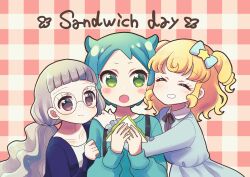 Rule 34 | 3girls, :o, ^ ^, black ribbon, blonde hair, blue bow, blue cardigan, blue dress, blue hair, blue sweater, blunt bangs, bow, cardigan, closed eyes, closed mouth, collared dress, commentary request, dress, fang, food, freckles, girl sandwich, glasses, green eyes, grey hair, hair bow, hair horns, hand on another&#039;s arm, hand on another&#039;s shoulder, hands up, highres, holding, holding food, hug, idol time pripara, koda michiru, koyoshi yoko, long hair, long sleeves, looking at another, low twintails, multiple girls, neck ribbon, nijiiro nino, open mouth, pretty series, pripara, red background, ribbon, ringlets, sandwich, sandwiched, shirt, short hair, smile, star (symbol), suspenders, sweater, twintails, two side up, upper body, wavy hair, white shirt, yumekawa yui