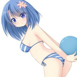 Rule 34 | 1girl, bad id, ball, bare arms, bikini, blue eyes, blue hair, breasts, chimunge, cowboy shot, flower, from side, hair flower, hair ornament, highres, looking at viewer, matching hair/eyes, medium breasts, original, short hair, side-tie bikini bottom, simple background, smile, solo, striped bikini, striped clothes, swimsuit, white background