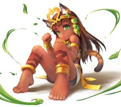 Rule 34 | 1girl, absurdres, animal ears, ankle lace-up, anklet, armband, barefoot, bastet (p&amp;d), brown hair, cat ears, cat tail, cross-laced footwear, dark skin, dark-skinned female, egyptian, feet, full body, green eyes, headband, highres, jewelry, long hair, puzzle &amp; dragons, segamark, shadow, simple background, sitting, skirt, smile, solo, tail, toes, white background