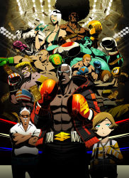 Rule 34 | 1girl, 6+boys, afro, akebo (dollar match), american flag, andy (dollar match), bad id, bad pixiv id, bob (dollar match), boxing, boxing gloves, colored skin, cross, dark skin, dollar (dollar match), dollar match, facial hair, glasses, godtail, green skin, highres, joker (dollar match), king (dollar match), lee (dollar match), male focus, manly, money, multiple boys, muscular, mustache, original, pompadour, scar, sunglasses, tattoo, white hair, yin yang