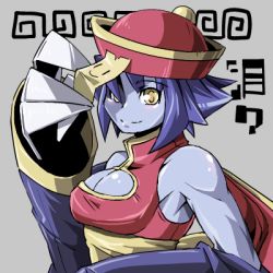 Rule 34 | 1girl, bad id, bad pixiv id, blue hair, blue skin, breasts, capcom, chinese clothes, cleavage, cleavage cutout, clothing cutout, colored skin, flipped hair, hat, jiangshi, kni-droid, large breasts, lei lei, lowres, ofuda, qingdai guanmao, short hair, smile, solo, vampire (game), yellow eyes