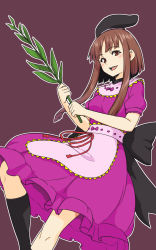 Rule 34 | 1girl, apron, black hat, black socks, blunt bangs, bow, breasts, brown eyes, brown hair, dress, hat, highres, holding, holding plant, kakone, kneehighs, looking at viewer, medium breasts, myouga (plant), nishida satono, one-hour drawing challenge, open mouth, petticoat, pink apron, pink dress, plant, purple bow, red ribbon, ribbon, short hair with long locks, short sleeves, simple background, smile, socks, solo, tate eboshi, touhou, waist apron