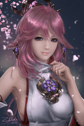 Rule 34 | 1girl, adjusting collar, animal ears, blurry, cherry blossoms, commentary, dated, depth of field, detached sleeves, earrings, fox ears, genshin impact, hair between eyes, hair ornament, highres, japanese clothes, jewelry, long hair, long sleeves, looking at viewer, miko, necklace, petals, pink hair, purple eyes, realistic, sidelocks, signature, simple background, smile, solo, vision (genshin impact), wide sleeves, yae miko, zduke