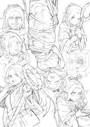 Rule 34 | 1girl, absurdres, bound, dungeon meshi, elf, highres, marcille donato, monochrome, multiple views, pointy ears, solipsist, suspension, tongue, tongue out, upside-down