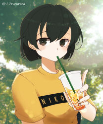 Rule 34 | 1girl, alternate hair color, black hair, brown eyes, casual, clothes writing, cup, disposable cup, drinking, drinking straw, drinking straw in mouth, highres, hiryuu (kancolle), holding, holding cup, kantai collection, looking at viewer, one side up, shirt, short hair, solo, tonome (rururara), twitter username, upper body, yellow shirt