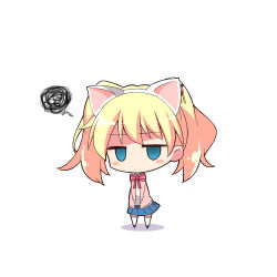 Rule 34 | 10s, 1girl, alice cartelet, animal ears, blonde hair, blue eyes, blush stickers, bow, cardigan, cat ears, chibi, gia kon, hair ornament, highres, jitome, kin-iro mosaic, looking at viewer, school uniform, shadow, short hair, skirt, solid circle eyes, solo, squiggle, standing, thighhighs, twintails, white background