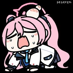Rule 34 | 1girl, all fours, animated, animated gif, artist name, blue archive, blue necktie, chibi, closed eyes, crying, fang, halo, head bump, jacket, koyuki (blue archive), long hair, long sleeves, lowres, necktie, pink hair, seseren, solo, tears, transparent background, twintails, white jacket