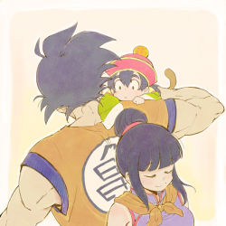Rule 34 | 1girl, 2boys, back-to-back, bad id, bad pixiv id, black hair, carrying, chi-chi (dragon ball), child, closed eyes, dragon ball, dragon ball (object), dragonball z, family, father and son, hat, long hair, mother and son, mukamo (inujita), multiple boys, smile, son gohan, son goku, tail