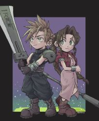 Rule 34 | 1boy, 1girl, aerith gainsborough, als8za, armor, baggy pants, bangle, belt, blonde hair, blue eyes, blue pants, blue shirt, boots, border, bracelet, braid, braided ponytail, breasts, brown belt, brown footwear, brown gloves, brown hair, buttons, center opening, chibi, cloud strife, cropped jacket, dress, earrings, final fantasy, final fantasy vii, full body, gloves, green eyes, hair between eyes, highres, holding, holding staff, holding sword, holding weapon, jacket, jewelry, long dress, long hair, pants, parted bangs, pink dress, puffy short sleeves, puffy sleeves, purple background, red jacket, shirt, short hair, short sleeves, shoulder armor, sidelocks, single bare shoulder, single earring, sleeveless, sleeveless turtleneck, spiked hair, staff, standing, suspenders, sword, turtleneck, twitter username, weapon