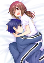 Rule 34 | 1boy, 1girl, :d, bed sheet, blue eyes, blue hair, blue jacket, blue pants, brown eyes, brown hair, closed mouth, commentary request, hair between eyes, highres, hug, jacket, long hair, low ponytail, open mouth, original, pants, ponytail, shirt, short sleeves, smile, track jacket, track pants, track suit, watarui, white shirt