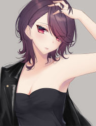 Rule 34 | 1girl, absurdres, bare arms, bare shoulders, black jacket, blush, breasts, close-up, collarbone, eyes visible through hair, grey background, gundou mirei, hair over one eye, hand on own head, head tilt, highres, jacket, jacket partially removed, leather, leather jacket, lips, looking at viewer, nijisanji, parted lips, purple eyes, purple hair, rai (newtype xm-x1), short hair, simple background, small breasts, solo, strapless, tube top, upper body, virtual youtuber