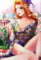Rule 34 | 1girl, :d, alcohol, bad id, bad pixiv id, bleach, breasts, brown hair, cleavage, collarbone, cup, floral print, flower, green eyes, hair flower, hair ornament, holding, japanese clothes, kimono, large breasts, lens flare, long hair, matsumoto rangiku, open mouth, print kimono, purple flower, purple rose, rose, sakazuki, sake, shiny skin, smile, solo, sunlight, umi (pixiv6861961), wide sleeves