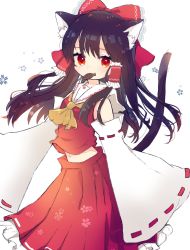 Rule 34 | 1girl, animal ear fluff, animal ears, ascot, black hair, blush, bow, cat ears, cat tail, collared shirt, commentary request, detached sleeves, eyelashes, fish, floral print, frilled bow, frilled hair tubes, frills, hair between eyes, hair bow, hair tubes, hakurei reimu, highres, kemonomimi mode, long hair, looking at viewer, midriff, mouth hold, navel, necono (nyu6poko), paw print, red bow, red eyes, red ribbon, red shirt, red skirt, red vest, ribbon, ribbon-trimmed skirt, ribbon-trimmed sleeves, ribbon trim, shirt, sidelocks, simple background, skirt, solo, standing, tail, teeth, touhou, vest, white background, wide sleeves, yellow ascot