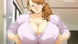 Rule 34 | 1girl, aqua eyes, blush, breast lift, breasts, brown hair, ceiling, character request, charm point, cleavage, closed eyes, curtains, curvy, earrings, head tilt, highres, huge breasts, indoors, jewelry, lavender shirt, long hair, looking at viewer, mature female, oba-san to boku no h na obenkyou, parted lips, ring, short hair, smile, solo, swept bangs, upper body, wedding band, wedding ring, window